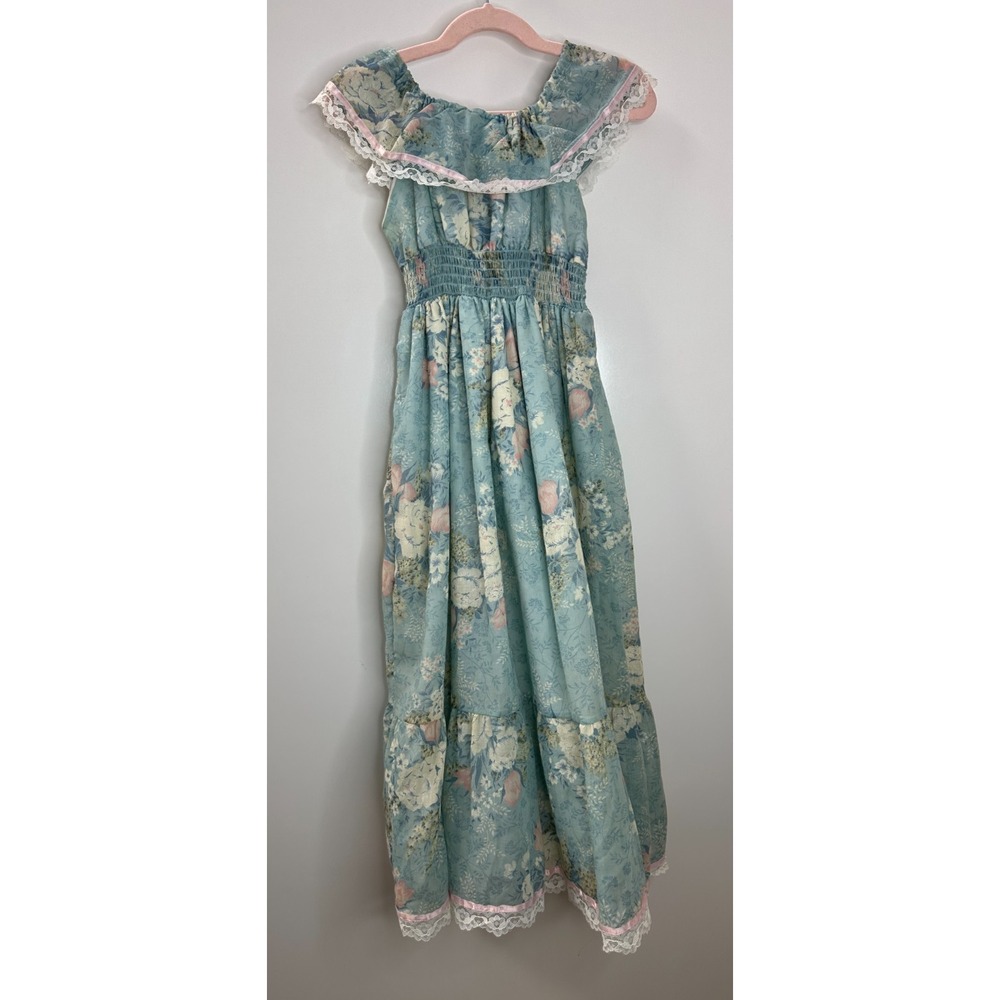 Vintage Cinderella Floral Maxi Dress Lace Smocked 6X Cottagecore Prairie USA - Picture 10 of 16
